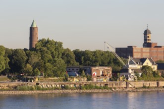 Krefeld, Ürdingen, view from the Krefeld Rhine Bridge to the Rhine Side Gallery at the Zollhof,