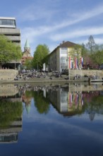 Sunbathing on the banks of the Neckar, relaxing, chilling, spring, Heilbronn, Neckar valley,