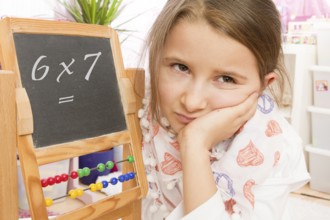 Frustration at school, arithmetic, lack of concentration, 7 year old girl looks unhappy and