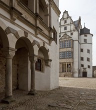 Loggia of Althaus Castle on the left, Neuhaus Castle with stander bay and stair tower at the back,