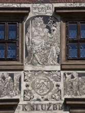 Czech Rep Plzen/Pilsen City Hall. Town hall facade sgraffito picture allegory Spravedlnost