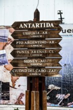 Milemarker to Antarctica, harbour of Ushuaia, Argentina, South America