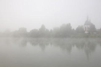 Island church, view from the east in the fog