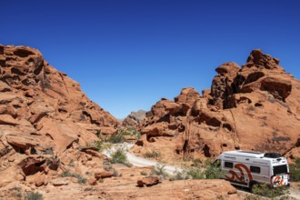 Motorhome at Atlatl Rock Campground, Valley of Fire State Park, Nevada, USA, North America