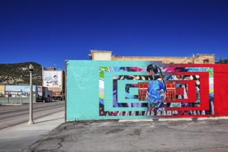 Wall painting with First Nations motif, Ely, Nevada, USA, North America