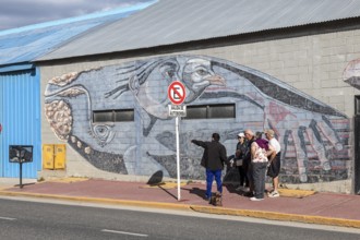 Wall painting with mythological whale, harbour of Ushuaia, Argentina, South America