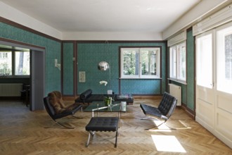 Built in 1923 by Erich Mendelsohn and Richard Neutra, living room with reconstructed wall painting