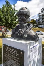 Hernan Pujato bronze bust in the harbour of Ushuaia, Argentina, South America