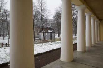 View through the Doric colonnade to the ducal pavilion