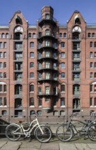 Hamburg, Speicherstadt built between 1883 and 1927, warehouse block W, façade facing Wandrahmfleet