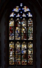 Renaissance window from 1535 on the end wall of the north aisle: Three Magi, with the founder