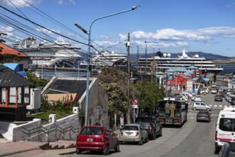 View over the city to the harbour of Ushuaia, Argentina, South America