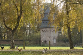 Pigeon tower from the 18th century with chickens