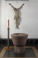 Built in 1830 by Georg Moller, rebuilt 1949-1953, baptismal font, Easter candle and crucifix, St.,