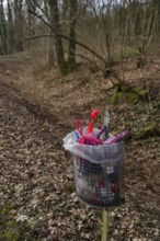 Dog excrement bag in a bin, walking, walking the dog, walking the dog, hazard prevention ordinance,