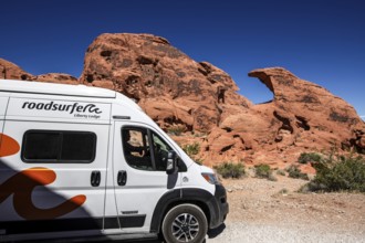 Motorhome at Atlatl Rock Campground, Valley of Fire State Park, Nevada, USA, North America