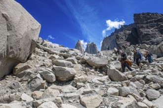 Climbers descending from the Mirador de las Torres, Torres del Paine National Park, Patagonia,