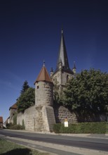 Heßdorf, Hannberg. Nativity of Mary fortified church. Fortified church complex at the end of the