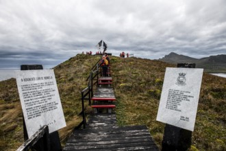 Wooden plank path to the Monumento Cape Horn, a stylised albatross by the artist Jose Balcells,