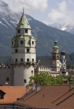 Austrian Hall in Tyrol. Mint tower built at the end of the 15th century. Tower of Hasegg Castle and