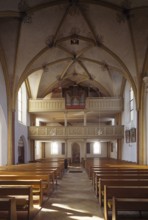 Bad Birnbach. Parish church. View of the two-storey organ loft: parapets decorated with neo-Gothic