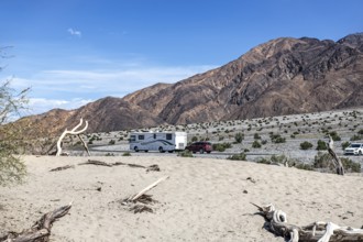 Motorhome trailing SUV, Death Valley National Park, California, USA, North America