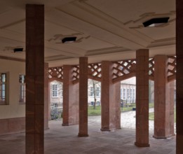 Built in 1925-29, pillared hall in the main building with diagonally placed pillars, view into the