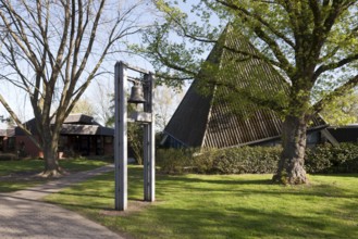 Krefeld, portable tent church St Hubertus with free-standing bell, built in 1959 by Heinz Döhmen,