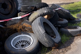 Old car tyres, recycling, recyclables, illegal waste disposal