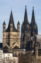 Cologne, Groß St. Martin, behind it the cathedral, view from the Severinsbrücke bridge