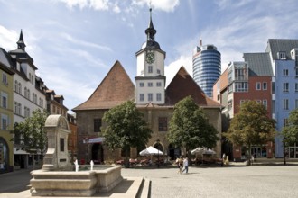 Historic Gothic town hall (1377-1413), behind it the JenTower tower block, built between 1969 and