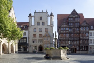 Hildesheim, market square with Tempelhaus and Wedekindhaus, in front of it the Rolandbrunnen