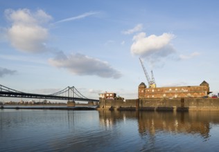 Krefeld-Ürdingen, Rhine harbour, warehouses and Rhine bridge