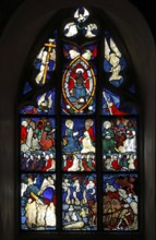 Stained glass on the south window with the Last Judgement, St., Sankt, Saint