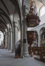 Constance, cathedral, interior, north aisle facing east with Romanesque columns and baroque pulpit