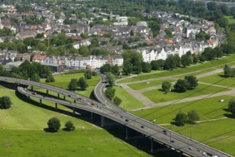 Düsseldorf, view from the Rhine tower to Oberkassel with Rhine meadows and Rhine knee bridge