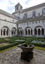 Cistercian monastery founded in 1148, cloister courtyard and church from the south-west, washbasin