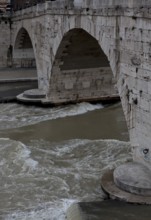 View from the Trastevere riverbank to the Tiber island, detail at high tide