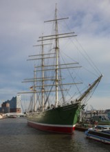 Hamburg harbour, museum ship RICKMER RICKMERS, Elbphilharmonie at the back left