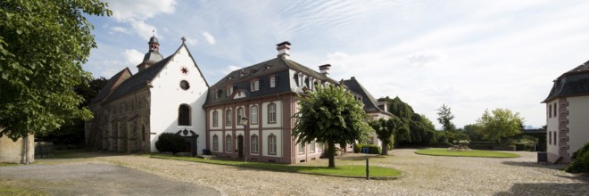 Monastery courtyard, abbot's and convent building, on the left the monastery church, St., Sankt,