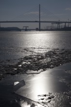 Stralsund, view from the city harbour to the new Rügen Bridge in winter