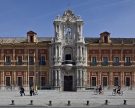 Seville, San Telmo Palace. San Telmo Palace west façade section with main portal. Facade from 1757