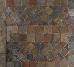 Monastery church, floor detail with Romanesque tiles, St., Sankt, Saint