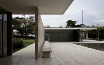 Barcelona Pavilion Pavilion of the 1929 World Exhibition, reconstruction 1983-1986, view from the