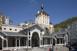 Czech Rep Karlovy Vary/Karlsbad Market fountain colonnade above castle tower Market colonnade from