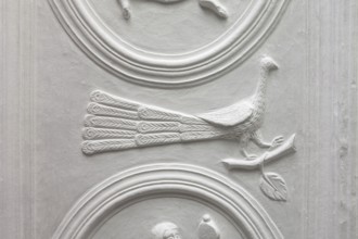 Stucco relief on the ceiling with allegorical depictions of the 5 senses, St., Sankt, Saint