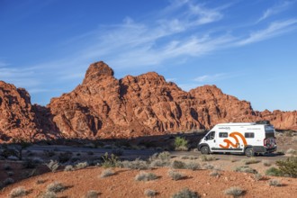 Motorhome on the road in the Valley of Fire State Park, Nevada, USA, North America