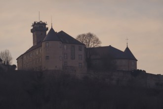 Waldenburg Castle at dusk, Waldenburg, Hohenlohe, climatic health resort, princely seat, Germany,