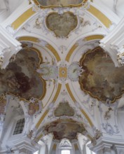 Vault of the small crossing. The Vierzehnheiligen Basilica near Bad Staffelstein in the district of