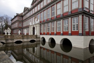 Wolfenbüttel Castle Portal façade partial view with moat and castle bridge present appearance